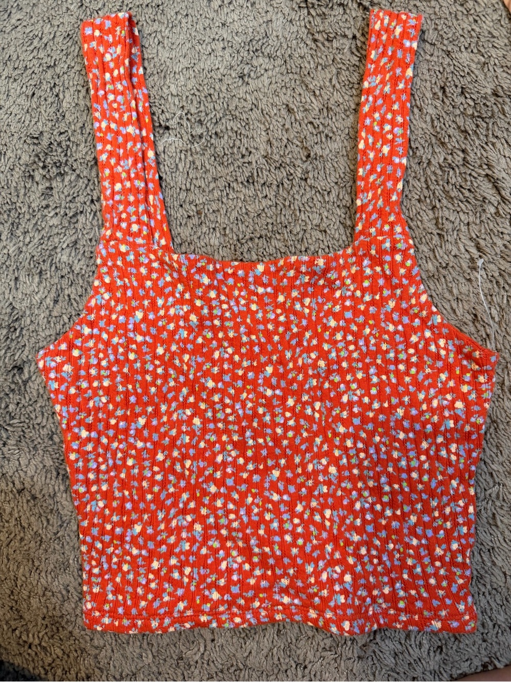 American Eagle Outfitters Red Floral Smocked Crop Tank